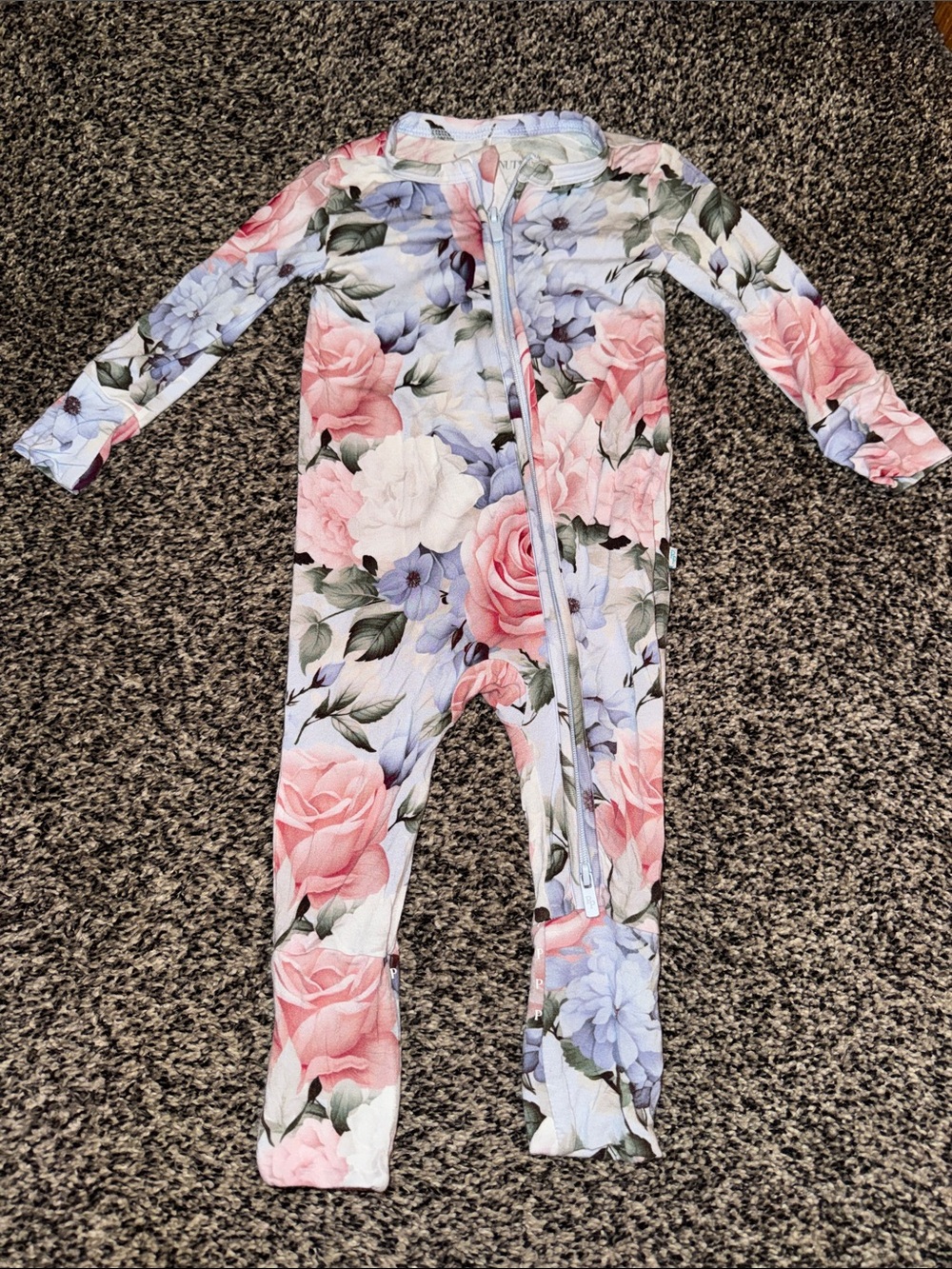 Posh Peanut Pink & Blue Floral Footed One-Piece